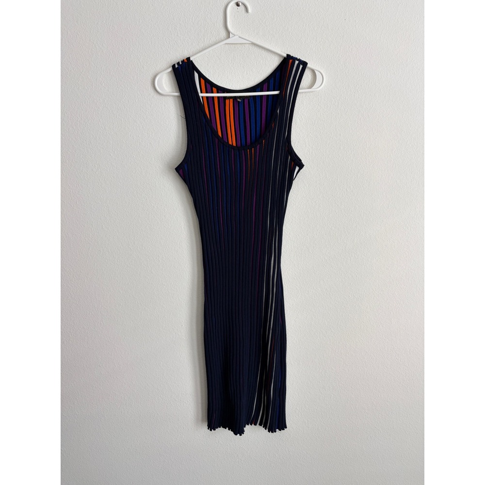 Almost Famous Womens Ribbed Knit Bodycon Dress Navy Blue Multi Stripe Large